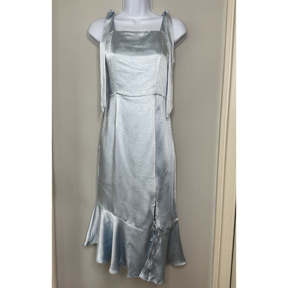 Skies Are Blue Satin Midi Dress XS Pastel Baby Blue Bridesmaid Bow Straps Ruffle